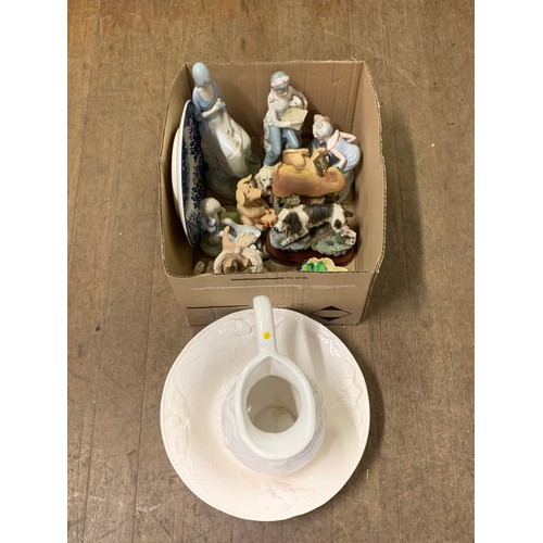 598 - Box of ornaments along with wash bowl and jug.