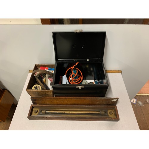 605 - Metal box with drill, wooden box and contents and vintage metal instrument win wooden case.