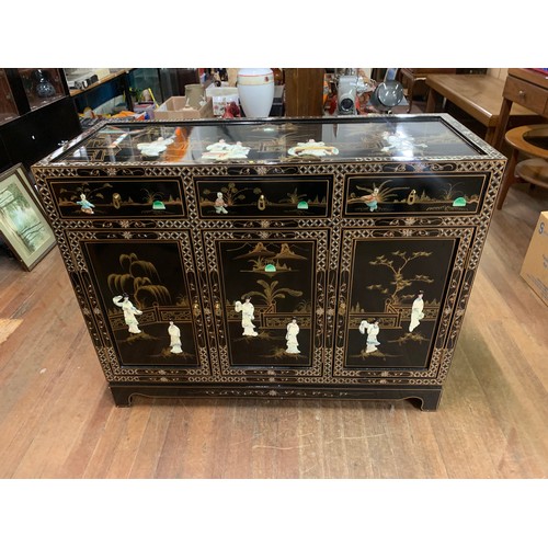 75 - Black lacquer, mother of pearl, oriental, 3 drawer/3 door sideboard, depicting mother of pearl geish... 