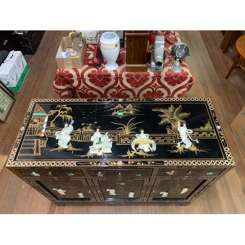 75 - Black lacquer, mother of pearl, oriental, 3 drawer/3 door sideboard, depicting mother of pearl geish... 