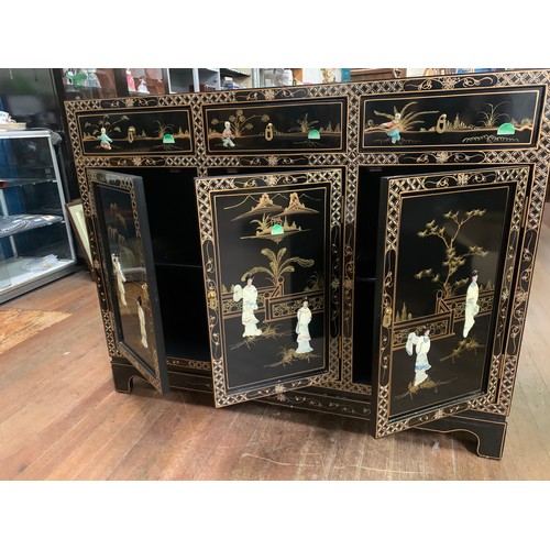 75 - Black lacquer, mother of pearl, oriental, 3 drawer/3 door sideboard, depicting mother of pearl geish... 