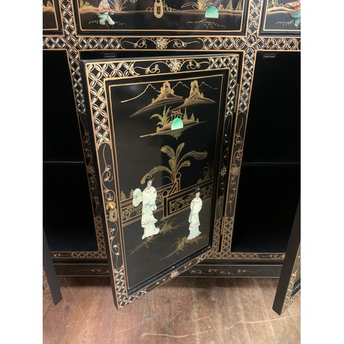 75 - Black lacquer, mother of pearl, oriental, 3 drawer/3 door sideboard, depicting mother of pearl geish... 