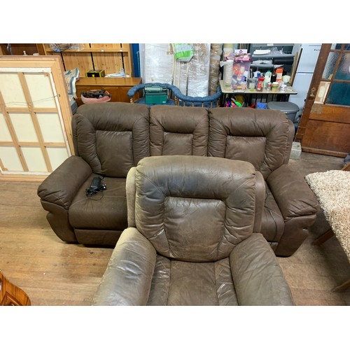 133 - Brown suede 3 seater sofa with 2 electric recliners along with reclining armchair.