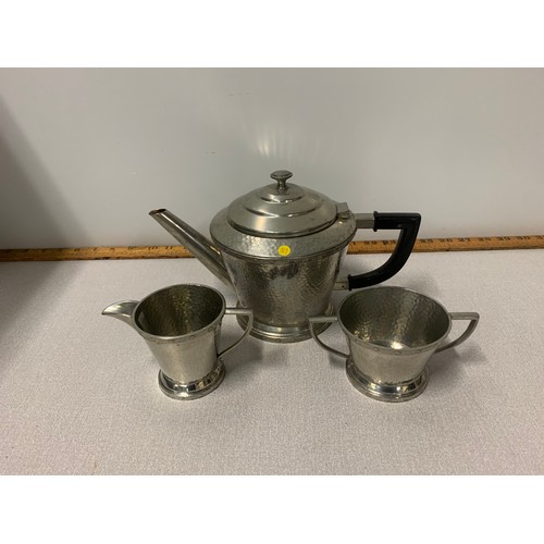 153 - Vintage Argent pewter English Made 1620 Art Deco teapot, cream and sugar.