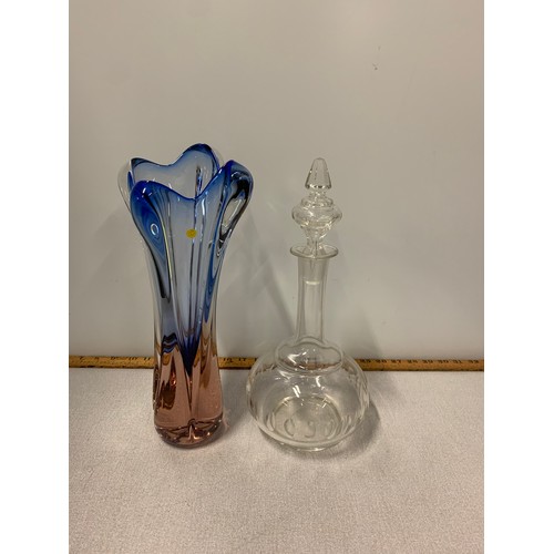 150 - Mid Century Czech Chribska art glass studio vase along with Victorian Thumb cut glass decanter.