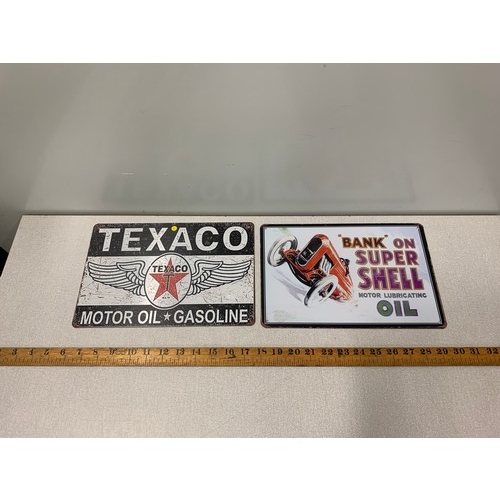 186 - 2 x tin plate signs - Texaco motor oil and Super Shell oil.