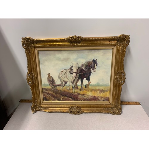 224 - Oil painting of ploughing horse in gilt frame (slight damage to frame, see pics) 60 x 50cm.