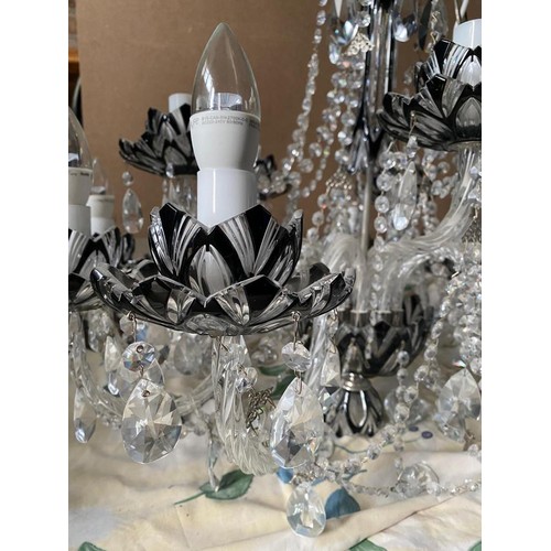 249 - Large 15 arm, black and clear, hand cut crystal chandelier with lotus flower design.