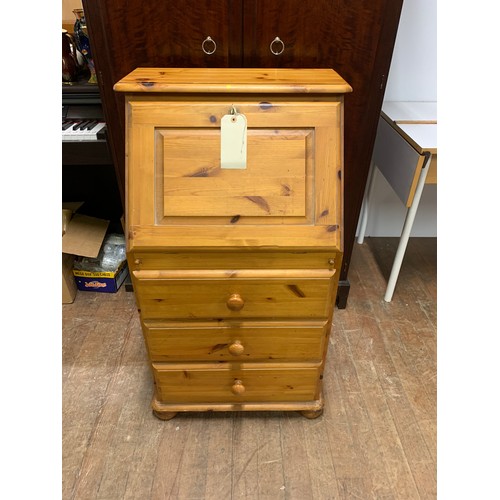 418 - Small 3 drawer solid pine writing bureau.
101cm h x 47cm l x 43cm d