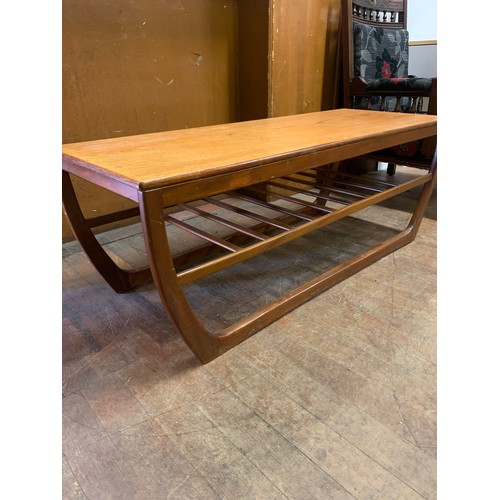 460 - Mid Century teak  sleigh design coffee table possibly Beithcraft.
45cm h x 46cm d x 122cm l