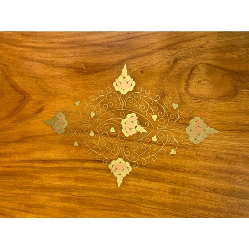 471 - Solid wood table 2 drawer table with floral design brass inlay on Queen Anne legs.
77cm h x 104cm h ... 