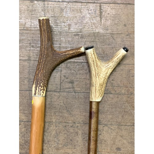 506 - 2 x Antler Thumbstick Handle Walking Stick with Whistle