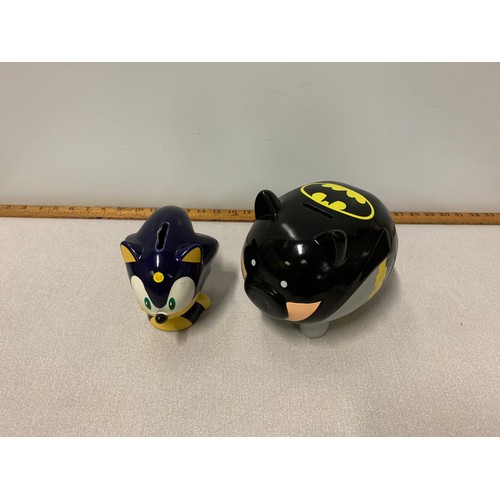 602 - Ceramic sonic coin bank along with Batman coin bank.