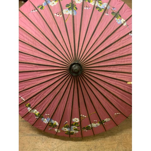 24 - Antique 1920's Burmese silk parasol with hand painted floral design along with Battenburg white lace... 