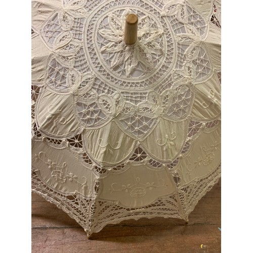 24 - Antique 1920's Burmese silk parasol with hand painted floral design along with Battenburg white lace... 