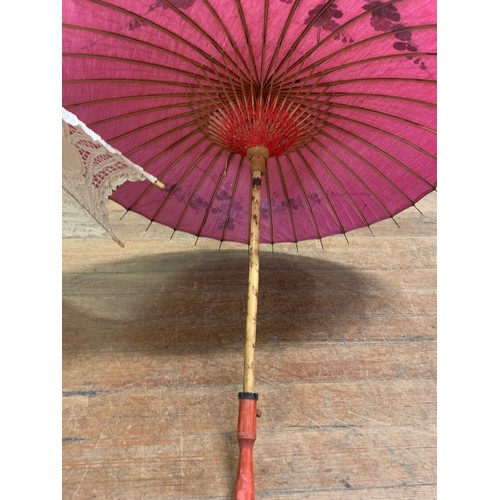 24 - Antique 1920's Burmese silk parasol with hand painted floral design along with Battenburg white lace... 