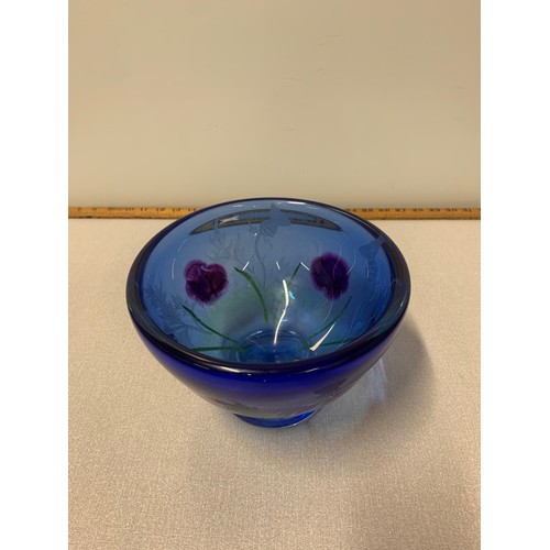 25 - Large, Bank of Scotland Tercentenary Caithness glass bowl decorated with pink flowers and thistles.1... 