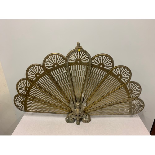 30 - Vintage, ornate Brass peacock folding fan fire screen. 56cm tall.