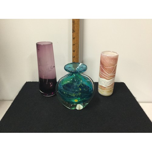 59 - Mdina glass vase, Caithness rose vase and one other signed to base.