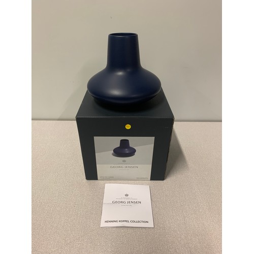 62 - New boxed, Georg Jensen blue vase from the Henning Koppel Collection. 13cm tall.