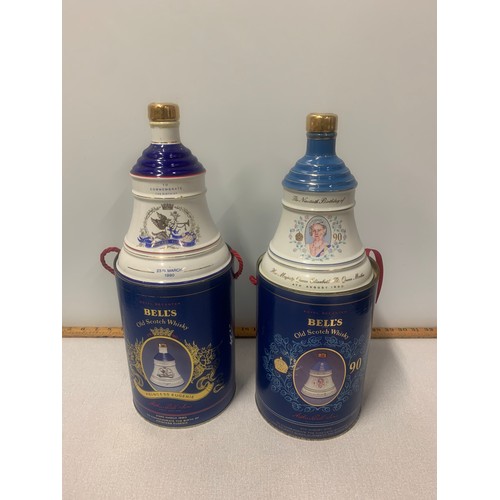 128 - 2 x Bells whisky decanters - Birth of Princess Eugenie 1990 and The Queen Mothers 90th birthday. Ful... 