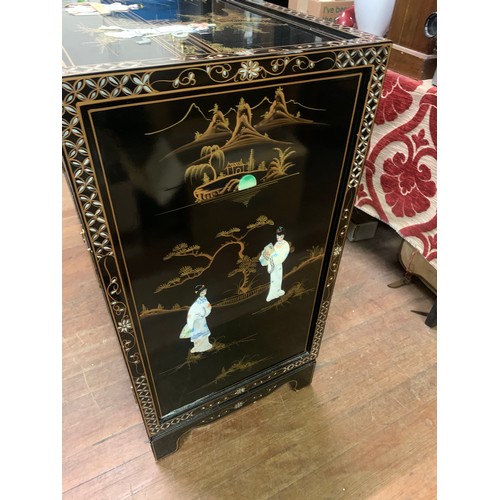 212 - Black lacquer, mother of pearl, oriental, 3 drawer/3 door sideboard, depicting mother of pearl geish... 