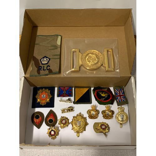 197 - Box to include royal logistic corp belt buckle, badges and patches.