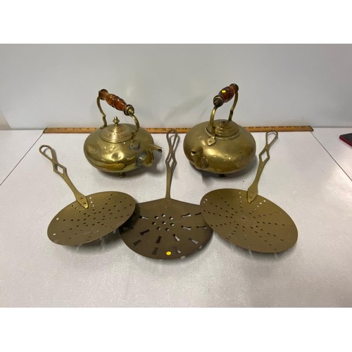 1 - 3 x Antique Brass Fireplace Oil Skimmer spoons and 2 brass teapots.