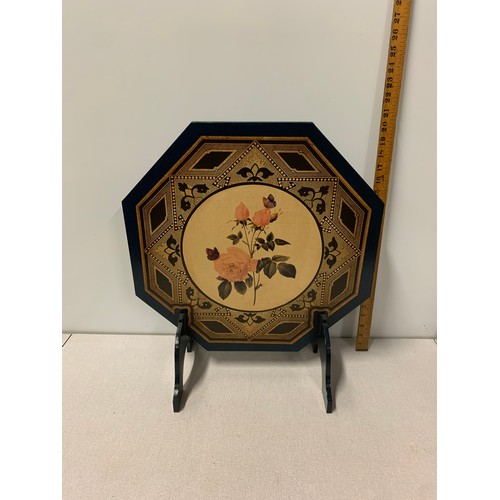 10 - Vintage wooden hexagon fire screen with painted rose design.