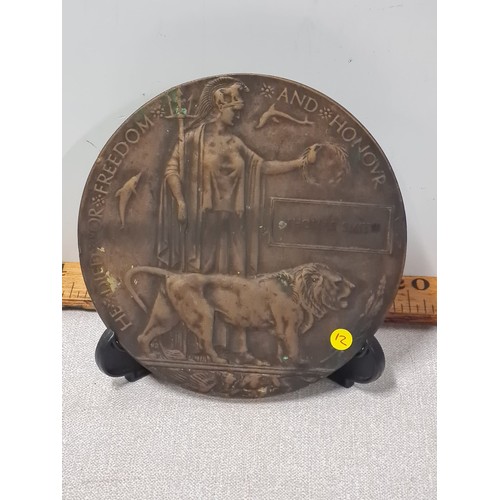 51 - Antique Original WW1 1915-1918 Bronze Death Medal Plaque - Thomas Smith.
12cm Diameter