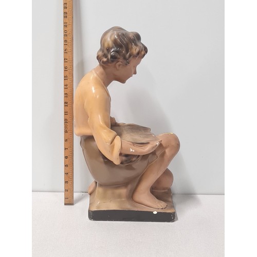 73 - Art Deco advertising shop display chalk ware statue of boy kneeling. RD No. to the back.
54cm Tall