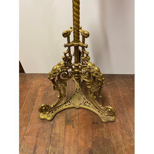 99 - Hinks Duplex No. 2 Antique figural brass piano floor lamp with milk glass floral shade.
Approx 160cm... 