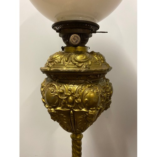 99 - Hinks Duplex No. 2 Antique figural brass piano floor lamp with milk glass floral shade.
Approx 160cm... 