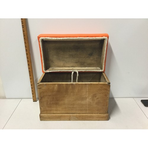 208 - Vintage wooden storage box with cushioned orange vinyl top.