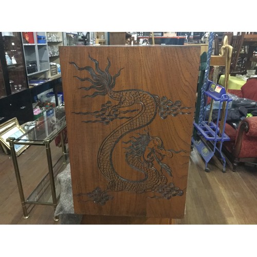 210 - Pair of solid wood glass fronted cabinets with Oriental scene carved into the front and carved drago... 