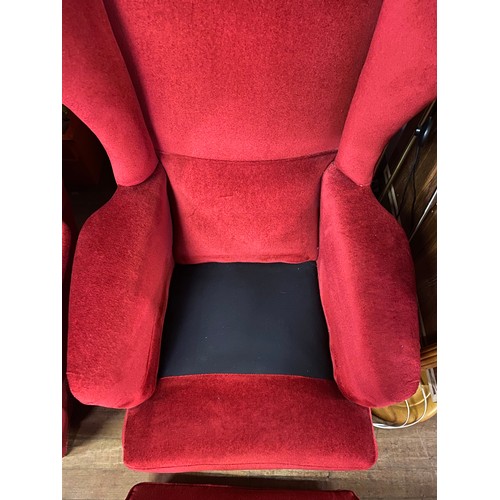 275 - Pair of vintage wing back arm chairs in wine upholstery.