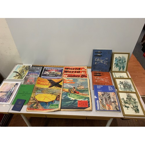 538 - Selection of vintage magazines to include Modern Wonders etc. along with 4 framed prints.