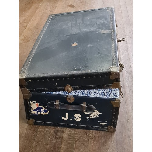 9 - Large vintage Victor Luggage travel trunk with insert and key.