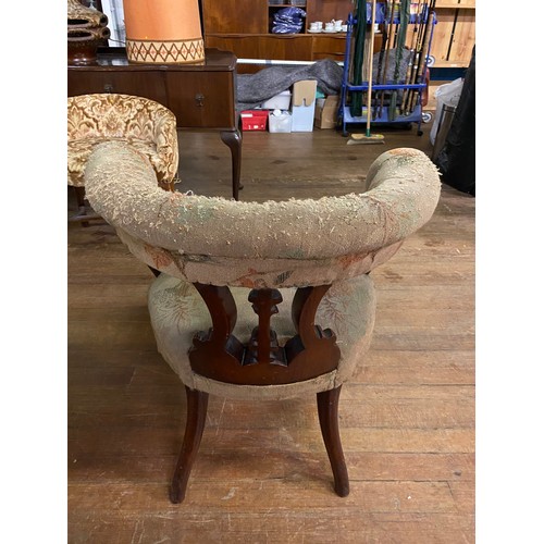 71 - Edwardian mahogany framed tub chair on Cabriole legs.  (upholstery needs some tlc)