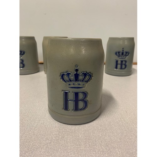 98 - Set of 5 1970's HB Crown Hofbrauhaus German pottery glazed stoneware beer stein mugs.