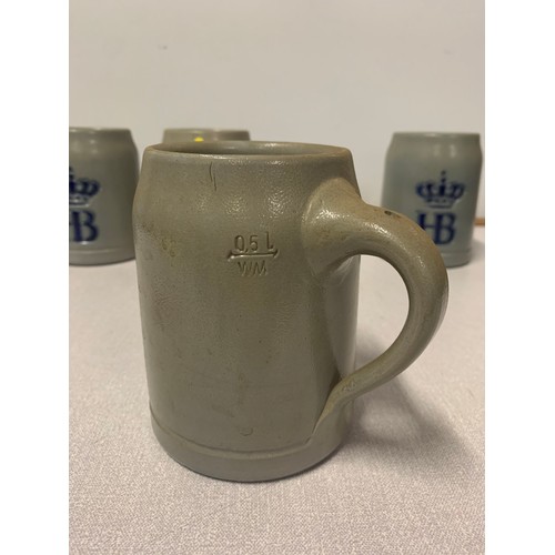 98 - Set of 5 1970's HB Crown Hofbrauhaus German pottery glazed stoneware beer stein mugs.