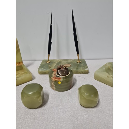 126 - Vintage onyx desk set to include lighter and paperweights etc.