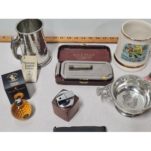 158 - Selection of collectables to include pewter tankard, Rolls Razor and whisky miniature etc.