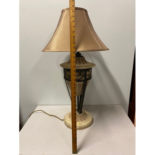 170 - Large unusual table lamp in cast metal frame with scroll work.
90cm Tall inc shade