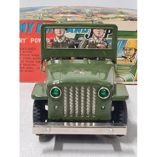 273 - 1960's tin plate Army Command battery operated jeep made by Nomura Japan. Has driver and phone opera... 