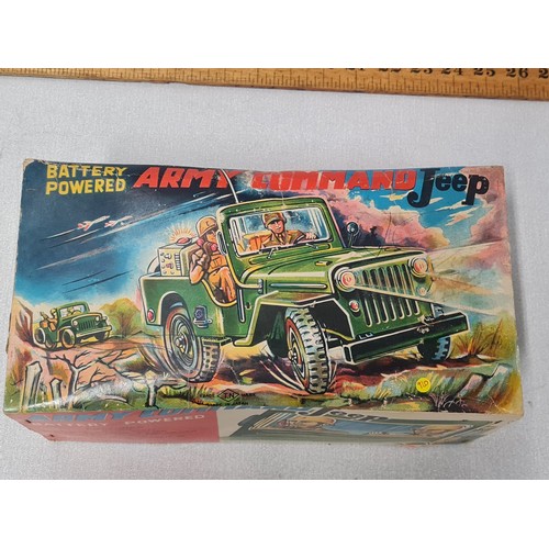 273 - 1960's tin plate Army Command battery operated jeep made by Nomura Japan. Has driver and phone opera... 