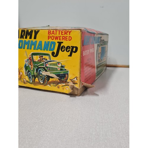 273 - 1960's tin plate Army Command battery operated jeep made by Nomura Japan. Has driver and phone opera... 