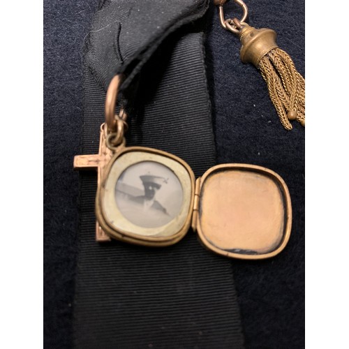 360 - Antique gold plated spectacles in original case along with gold plated mourning medal.