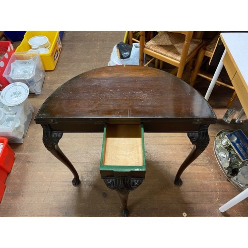 438 - vintage half moon demi lune card table in the Chippendale style