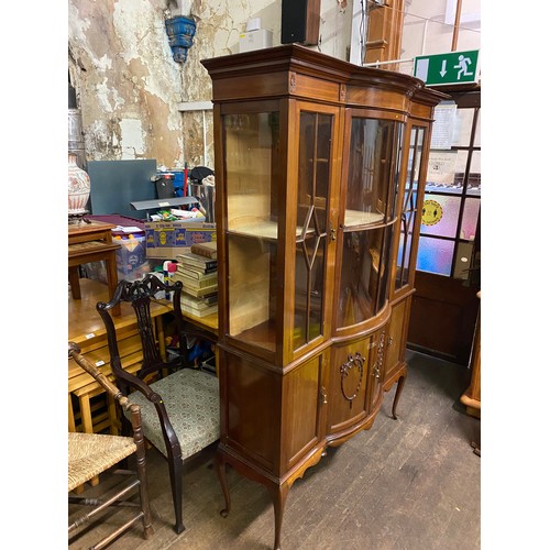 439 - victorian bow fronted display cabinet on queen ann legs 190h x 134l x 44d